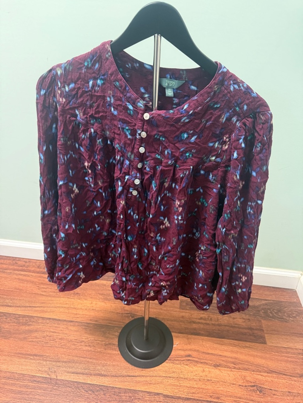 Terra & Sky Burgundy Floral Button-Up Peasant Blouse